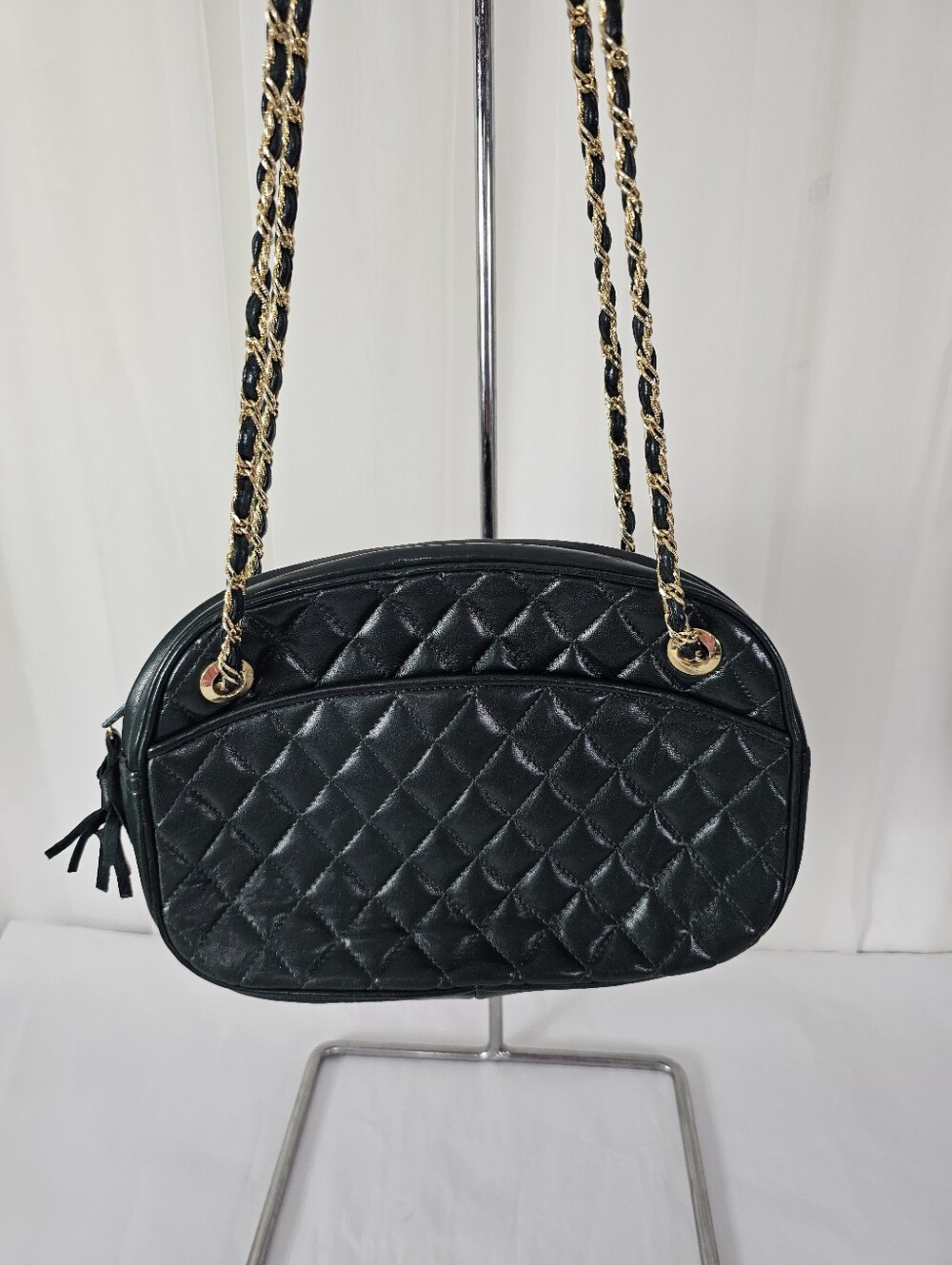 Vintage Kamarel NY Quilted Shoulder Bag - Dark Green Teal Golf Chain Strap Luxe